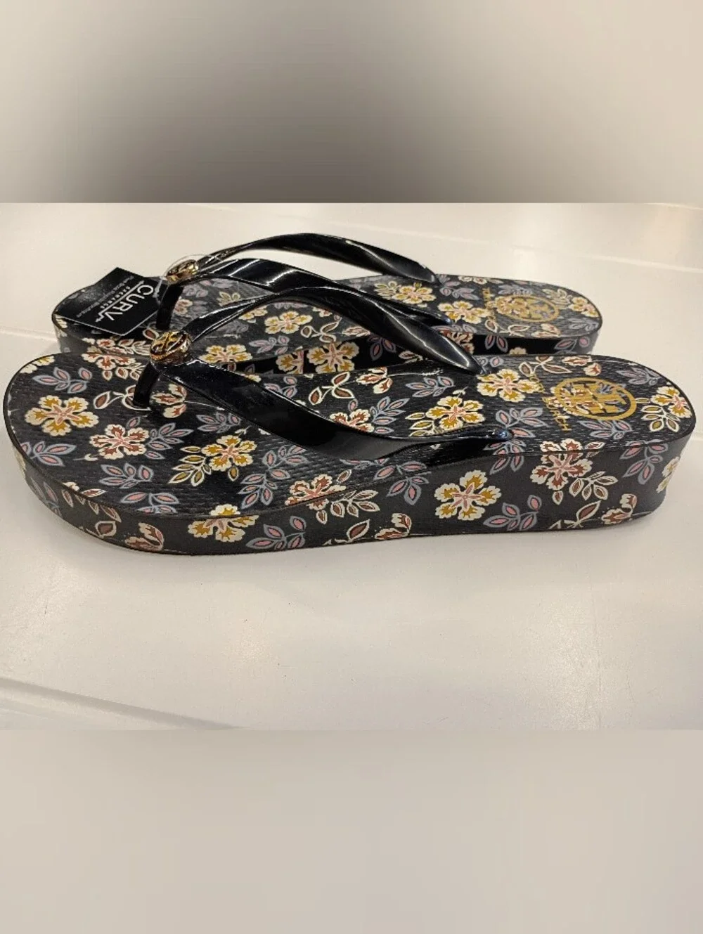 Tory Burch Black Floral Logo Thong Sandals